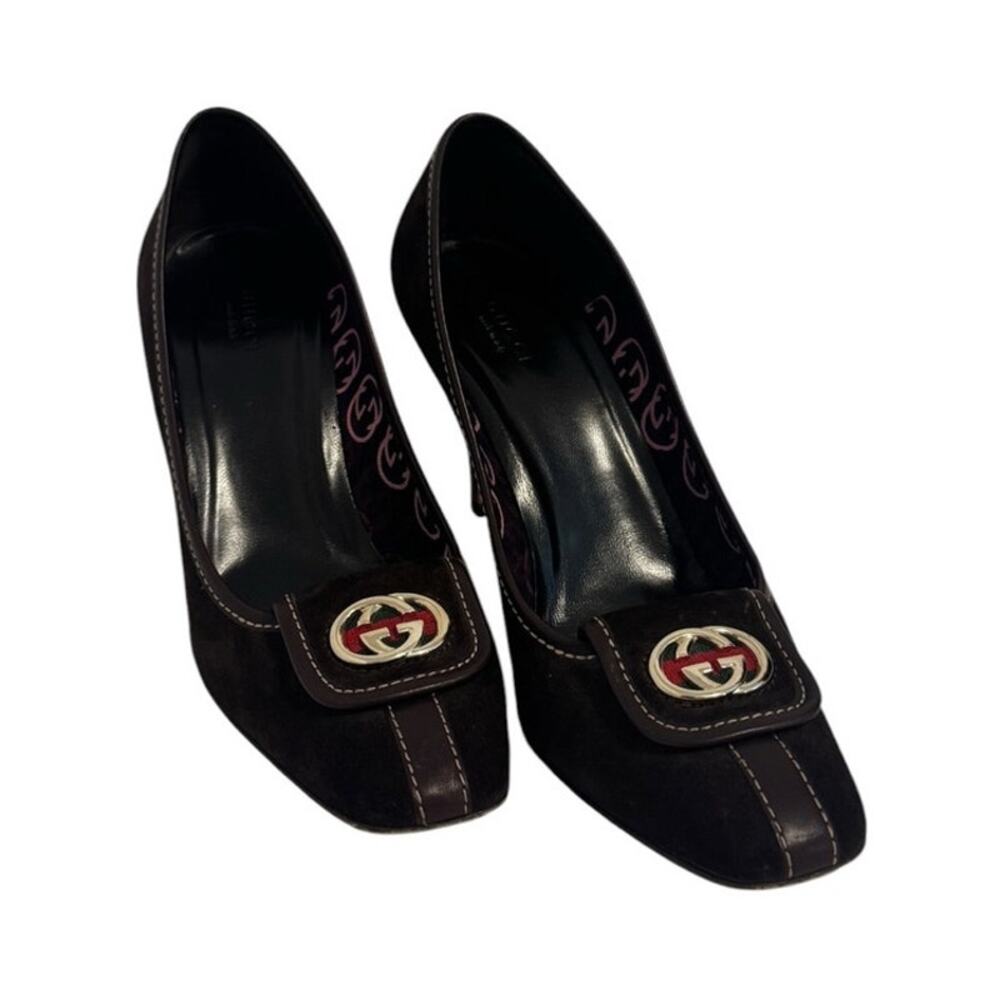 Gucci Brown Suede and leather GG Web Stripe Pumps Heels Size 9.5